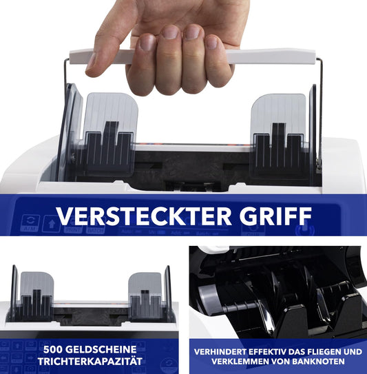 Notenfix MV-500 Geldzählmaschine für gemischte Geldscheine mit Falschgelddetektor UV MG IR 2CIS exakt EUR USD GBP SEK CHF Banknotenzähler Geldzähler