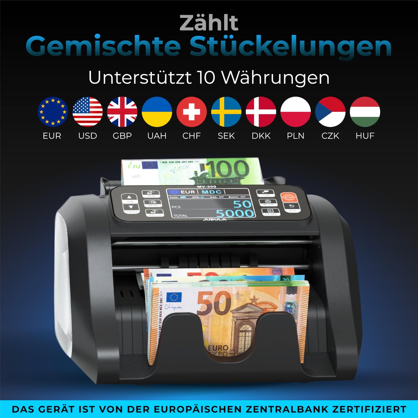 Notenfix MV-300 Geldzählmaschine für gemischte Geldscheine UV MG MT IR sicher exakt EUR USD GBP Banknotenzähler Geldzähler Banknotenzählmaschine