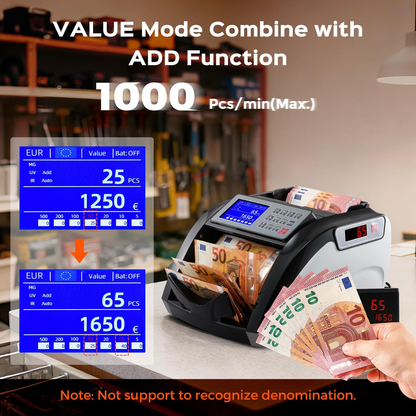 Notenfix Geldzählmaschine Wertzähler für sortierte Banknoten UV IR MG Falschgelderkennung 1000 Scheine min Touchscreen Geldzähler Mischbeträge nicht zählbar