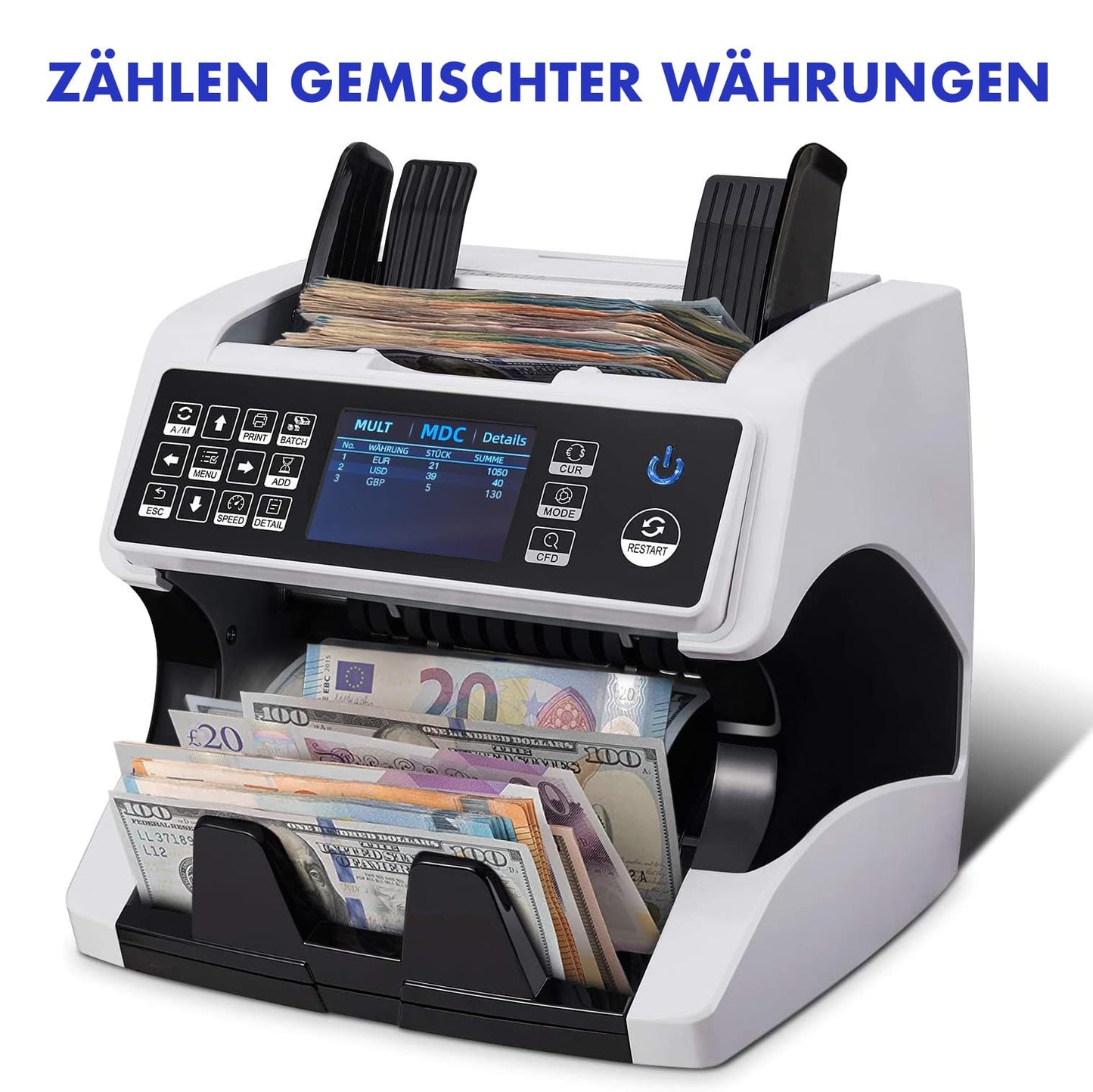 Notenfix MV-500 Geldzählmaschine für gemischte Geldscheine mit Falschgelddetektor UV MG IR 2CIS exakt EUR USD GBP SEK CHF Banknotenzähler Geldzähler