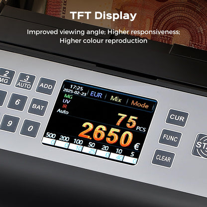 Notenfix Geldzählmaschine Wertzählung gemischte EUR Banknoten UV MG IR Falschgelderkennung 1000 Scheine min professioneller Banknotenzähler mit externem Display