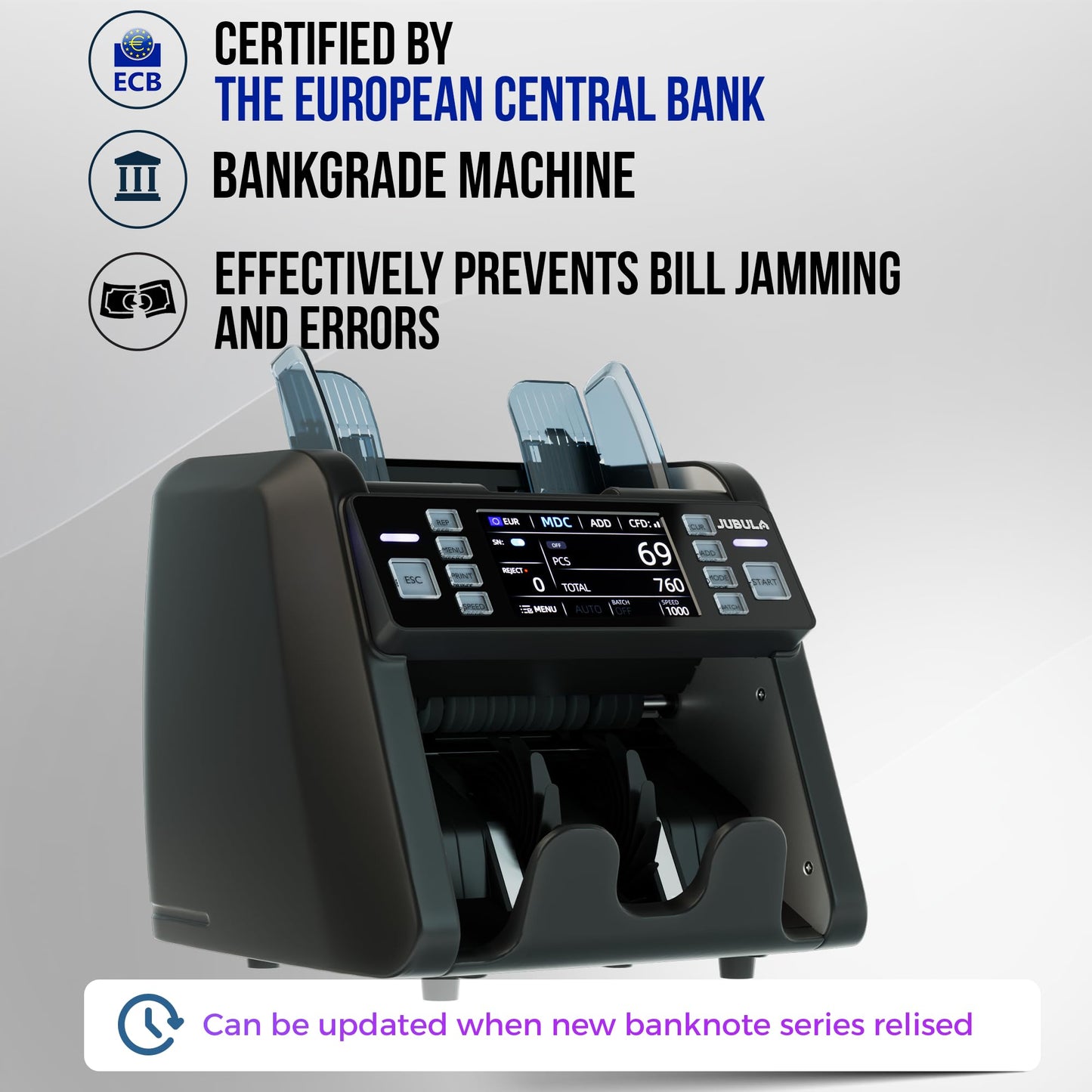 Notenfix MV-550 Geldzählmaschine für gemischte Geldscheine mit Falschgelddetektor UV MG IR 2CIS exakt EUR USD GBP SEK CHF inkl Printer Bundle