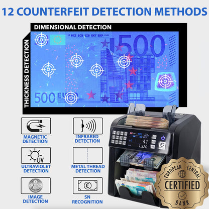 Notenfix MV-600 Banknotenzähler Bundle mit MPR-1 Drucker Banknotensortierer für gemischte Scheine UV MG IR 2CIS exakt EUR USD GBP SEK CHF