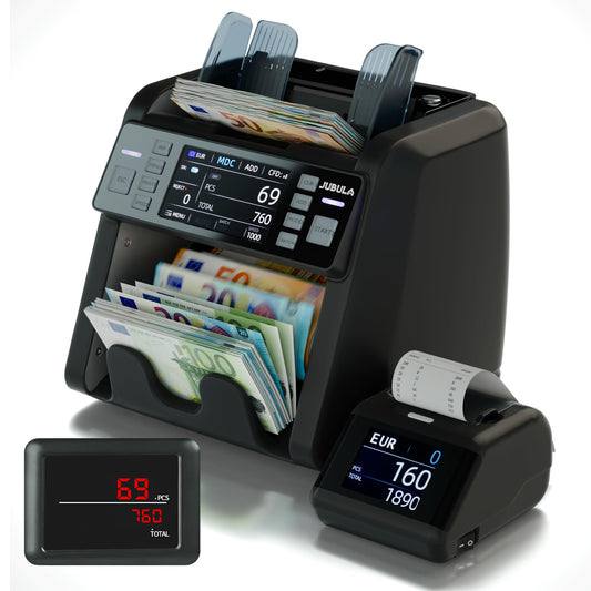 Notenfix MV-550 Geldzählmaschine für gemischte Geldscheine mit Falschgelddetektor UV MG IR 2CIS exakt EUR USD GBP SEK CHF inkl Printer Bundle