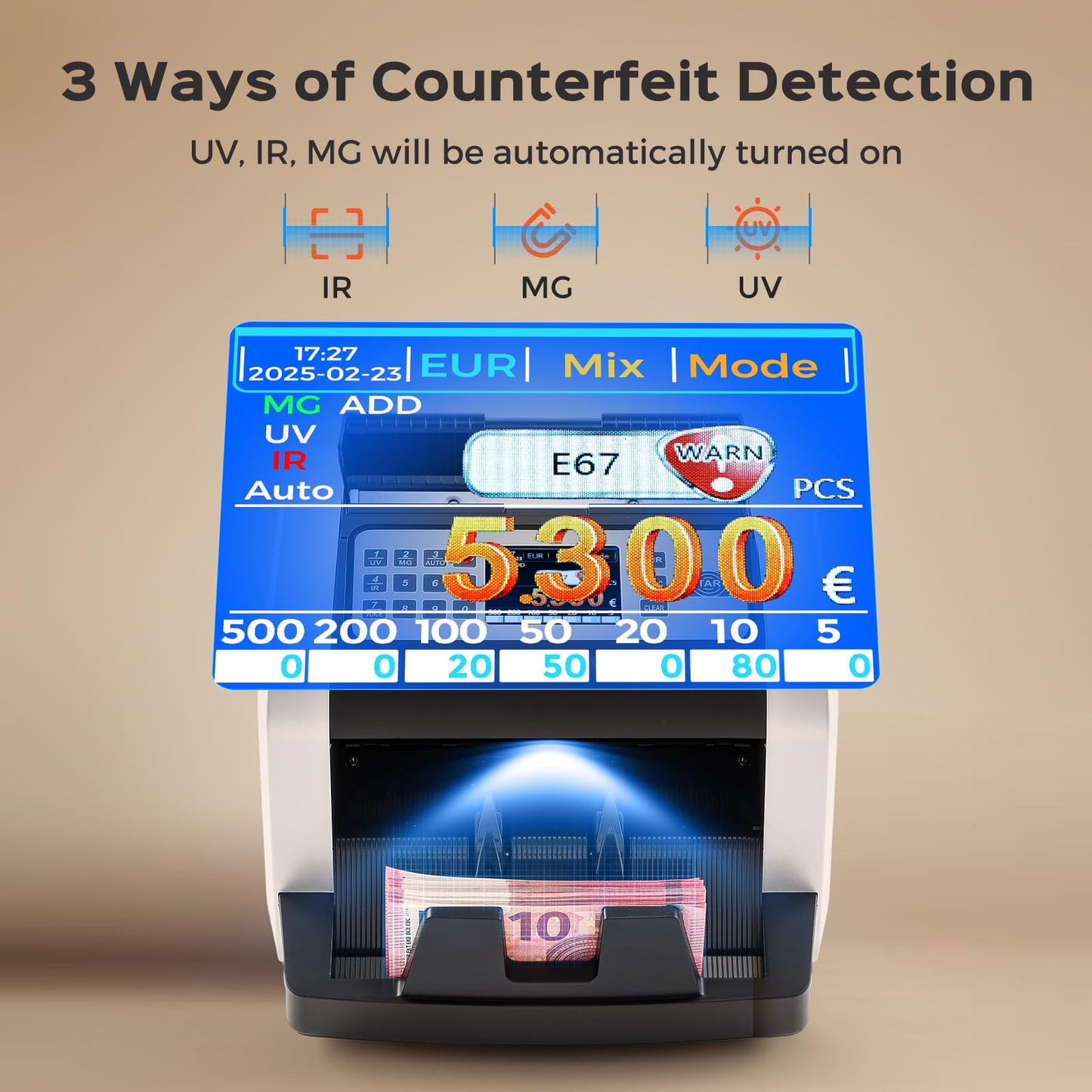 Notenfix Geldzählmaschine Wertzählung gemischte EUR Banknoten UV MG IR Falschgelderkennung 1000 Scheine min professioneller Banknotenzähler mit externem Display