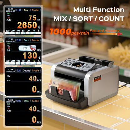 Notenfix Geldzählmaschine Wertzählung gemischte EUR Banknoten UV MG IR Falschgelderkennung 1000 Scheine min professioneller Banknotenzähler mit externem Display