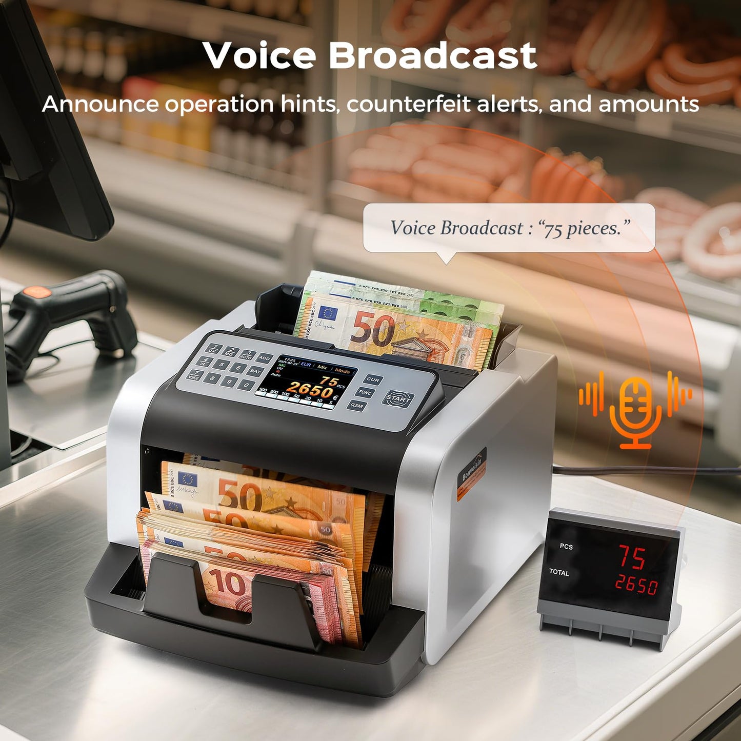 Notenfix Geldzählmaschine Wertzählung gemischte EUR Banknoten UV MG IR Falschgelderkennung 1000 Scheine min professioneller Banknotenzähler mit externem Display