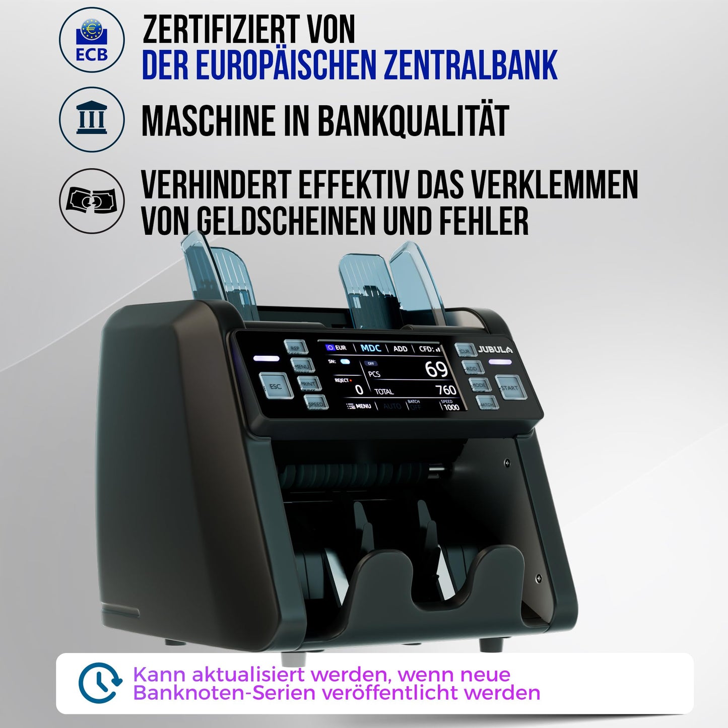Notenfix MV-550 Geldzählmaschine für gemischte Geldscheine Falschgelddetektor UV MG IR 2CIS exakt EUR USD GBP SEK CHF Banknotenzähler