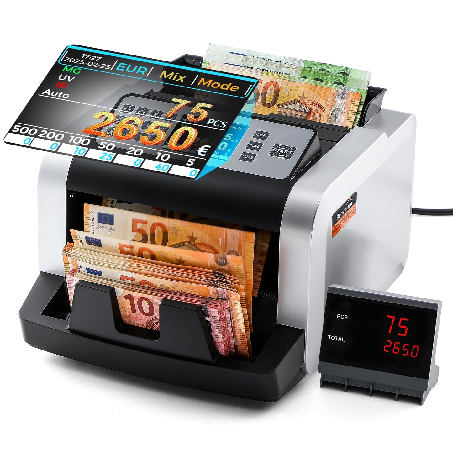 Notenfix Geldzählmaschine Wertzählung gemischte EUR Banknoten UV MG IR Falschgelderkennung 1000 Scheine min professioneller Banknotenzähler mit externem Display
