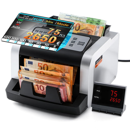 Notenfix Geldzählmaschine Wertzählung gemischte EUR Banknoten UV MG IR Falschgelderkennung 1000 Scheine min professioneller Banknotenzähler mit externem Display
