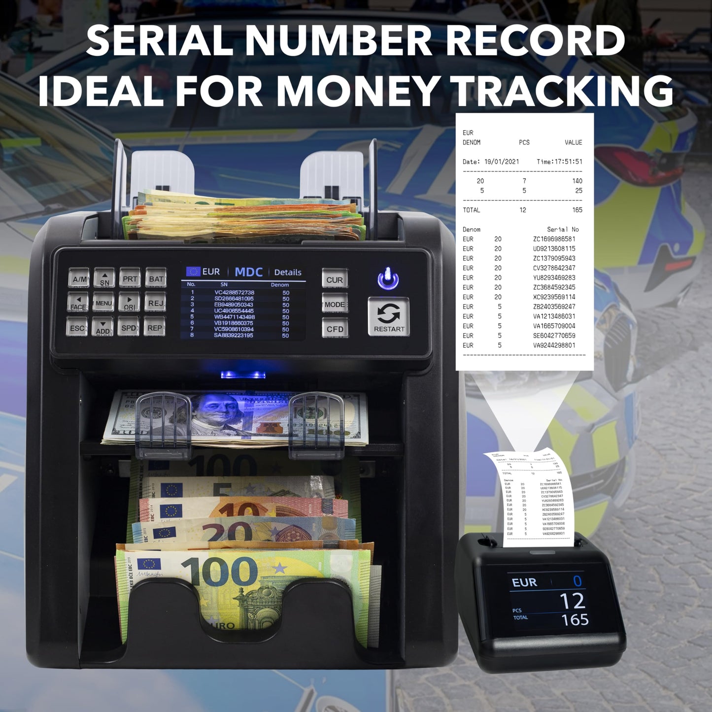 Notenfix MV-600 Banknotenzähler Bundle mit MPR-1 Drucker Banknotensortierer für gemischte Scheine UV MG IR 2CIS exakt EUR USD GBP SEK CHF