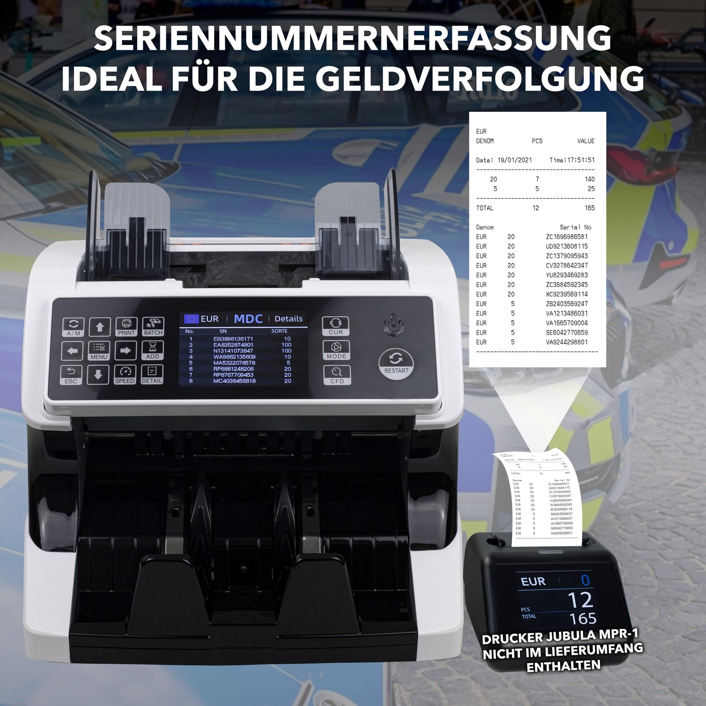Notenfix MV-500 Geldzählmaschine für gemischte Geldscheine mit Falschgelddetektor UV MG IR 2CIS exakt EUR USD GBP SEK CHF Banknotenzähler Geldzähler