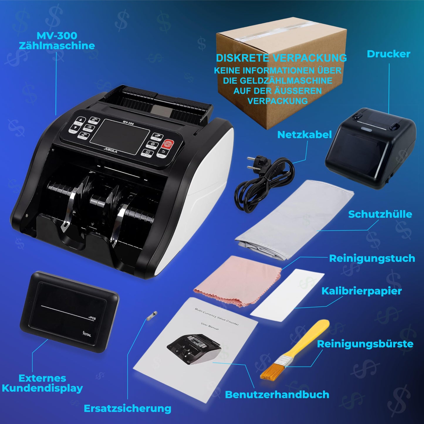 Notenfix MV-300 Geldzählmaschine für gemischte Geldscheine Bundle mit MPR-1 Drucker UV MG MT IR exakt EUR USD GBP Banknotenzähler Geldzähler