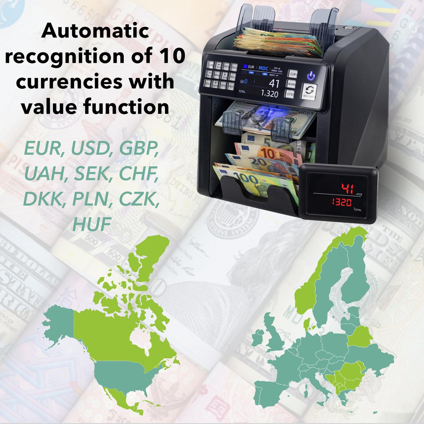 Notenfix MV-600 Banknotenzähler Bundle mit MPR-1 Drucker Banknotensortierer für gemischte Scheine UV MG IR 2CIS exakt EUR USD GBP SEK CHF