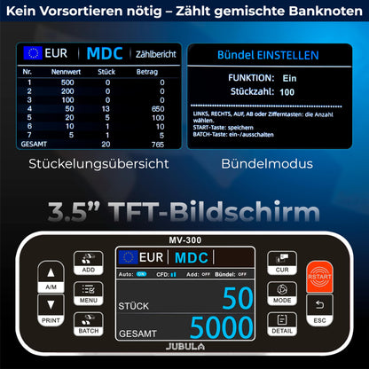 Notenfix MV-300 Geldzählmaschine für gemischte Geldscheine UV MG MT IR sicher exakt EUR USD GBP Banknotenzähler Geldzähler Banknotenzählmaschine