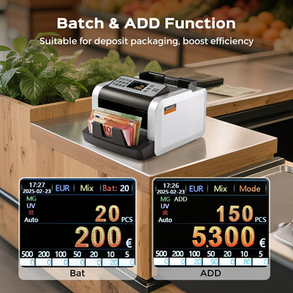 Notenfix Geldzählmaschine Wertzählung gemischte EUR Banknoten UV MG IR Falschgelderkennung 1000 Scheine min professioneller Banknotenzähler mit externem Display