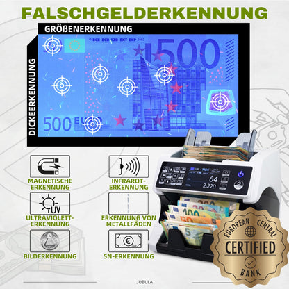 Notenfix MV-500 Geldzählmaschine für gemischte Geldscheine mit Falschgelddetektor UV MG IR 2CIS exakt EUR USD GBP SEK CHF Banknotenzähler Geldzähler