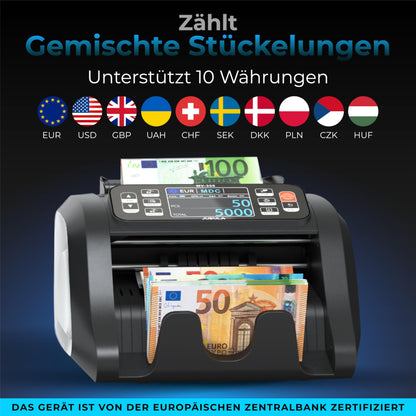 Notenfix MV-300 Geldzählmaschine für gemischte Geldscheine Bundle mit MPR-1 Drucker UV MG MT IR exakt EUR USD GBP Banknotenzähler Geldzähler