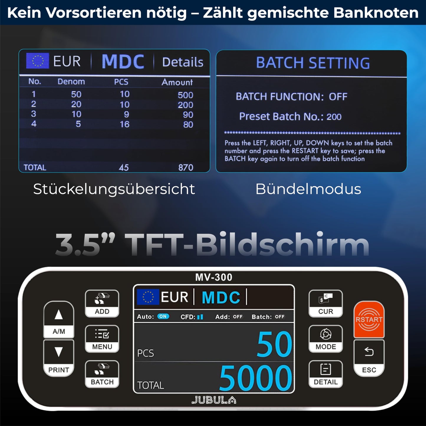 Notenfix MV-300 Geldzählmaschine für gemischte Geldscheine Bundle mit MPR-1 Drucker UV MG MT IR exakt EUR USD GBP Banknotenzähler Geldzähler