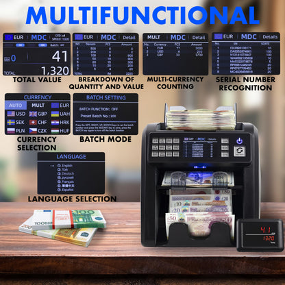 Notenfix MV-600 Banknotenzähler Bundle mit MPR-1 Drucker Banknotensortierer für gemischte Scheine UV MG IR 2CIS exakt EUR USD GBP SEK CHF
