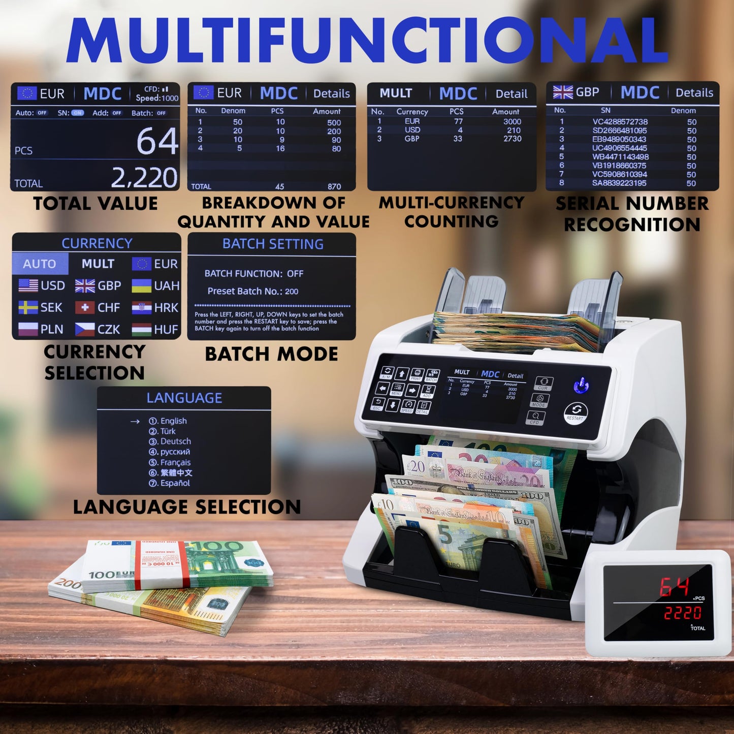 Notenfix MV-500 Geldzählmaschine Bundle mit MPR-1 Drucker UV MG IR 2CIS für gemischte Geldscheine EUR USD GBP Banknotenzähler Geldzähler
