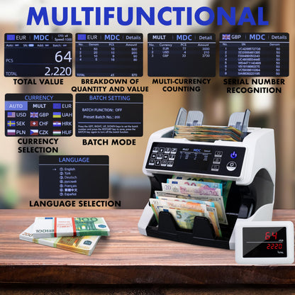 Notenfix MV-500 Geldzählmaschine Bundle mit MPR-1 Drucker UV MG IR 2CIS für gemischte Geldscheine EUR USD GBP Banknotenzähler Geldzähler