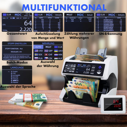 Notenfix MV-500 Geldzählmaschine für gemischte Geldscheine mit Falschgelddetektor UV MG IR 2CIS exakt EUR USD GBP SEK CHF Banknotenzähler Geldzähler
