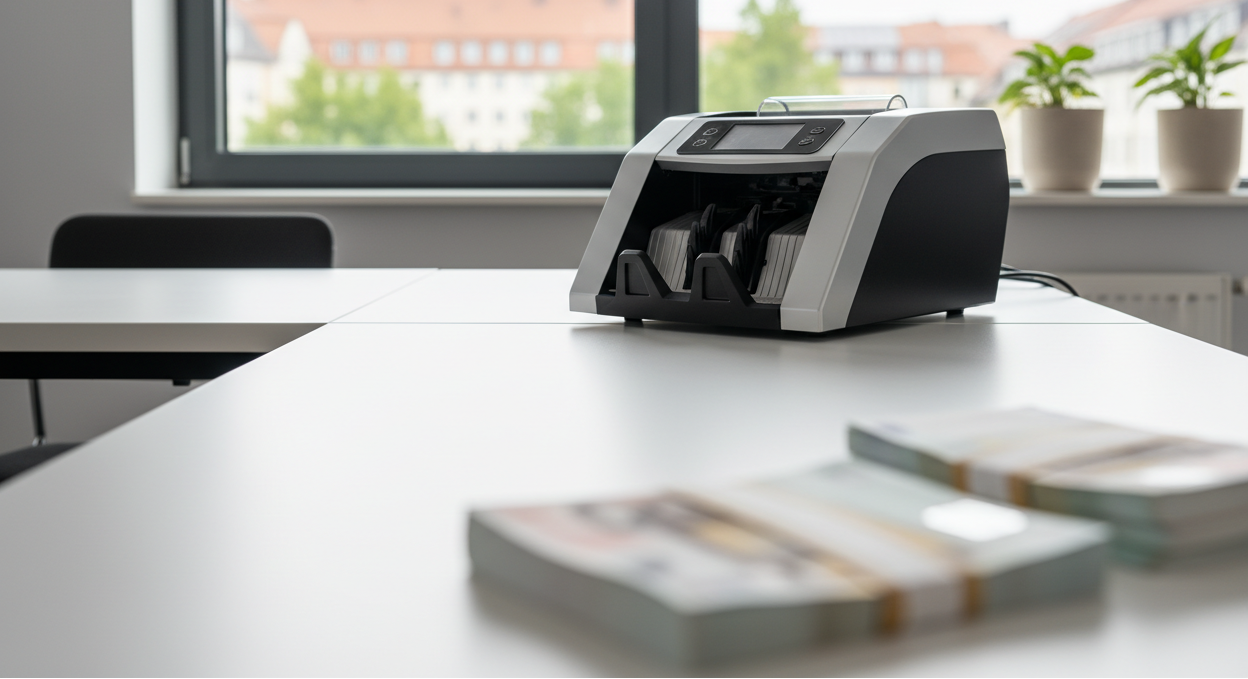 Modern professional cash counting workspace, premium banknote counting machine on a clean desk, subtle stacks of euro banknotes blurred in foreground, soft daylight from window, minimal office, German retail vibe, high-end product photography style, shallow depth of field, lots of empty space on the left for text, 16:9, ultra sharp, realistic, no people, no logos, no text